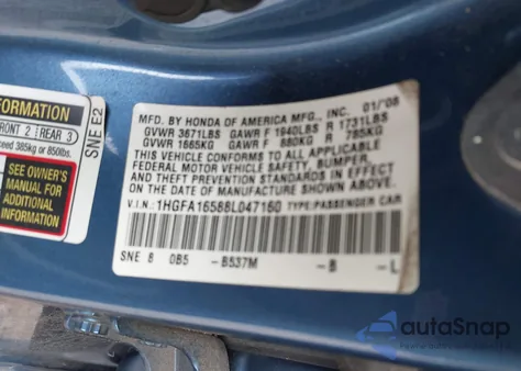 2008 Honda Civic Lx from USA, damaged, VIN 1HGFA16588L047160